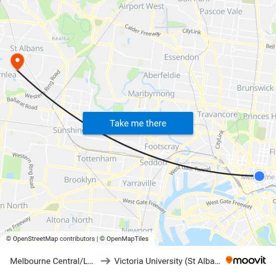 Melbourne Central/Lonsdale St to Victoria University (St Albans Campus) map