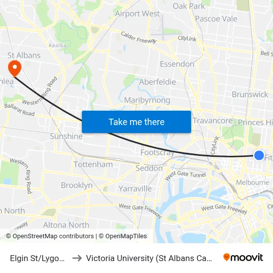 Elgin St/Lygon St to Victoria University (St Albans Campus) map