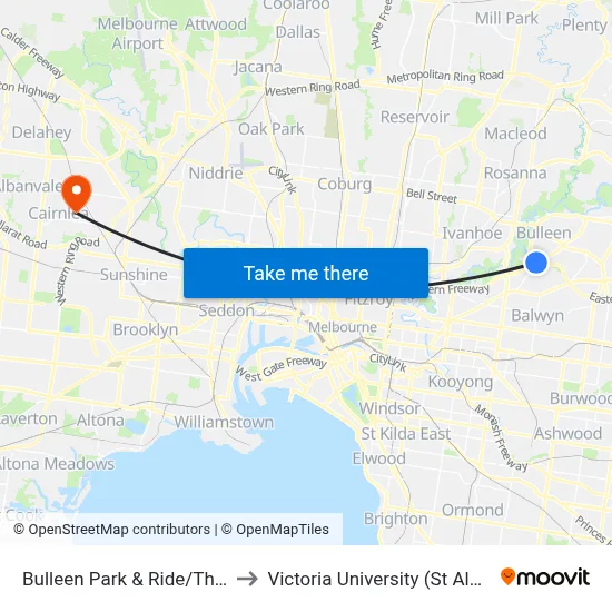 Bulleen Park & Ride/Thompsons Rd to Victoria University (St Albans Campus) map