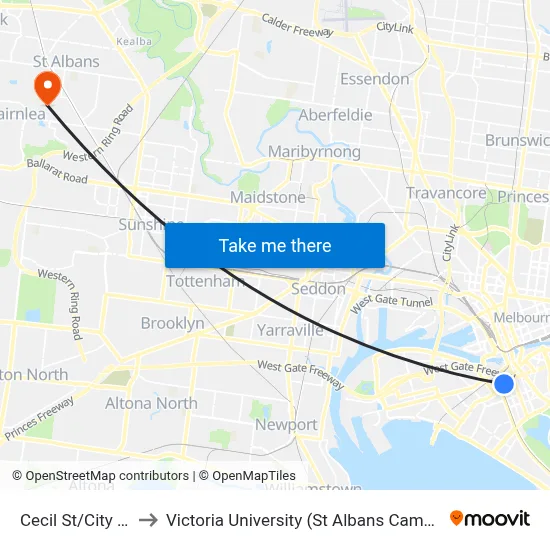 Cecil St/City Rd to Victoria University (St Albans Campus) map