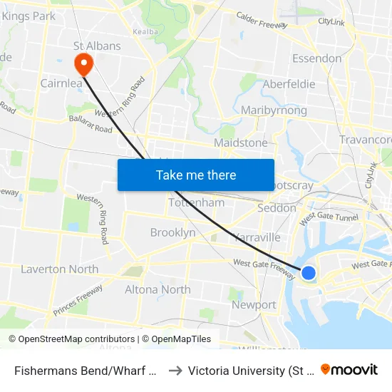 Fishermans Bend/Wharf Rd to Victoria University (St Albans Campus) map