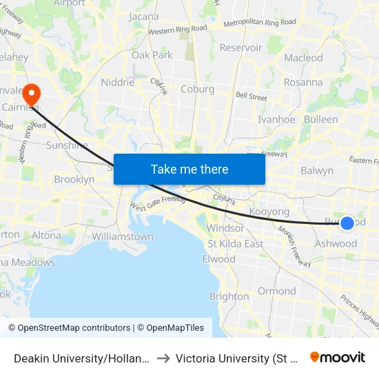 Deakin University/Holland Ave to Victoria University (St Albans Campus) map