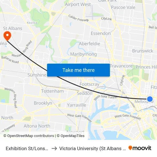 Exhibition St/Lonsdale St to Victoria University (St Albans Campus) map