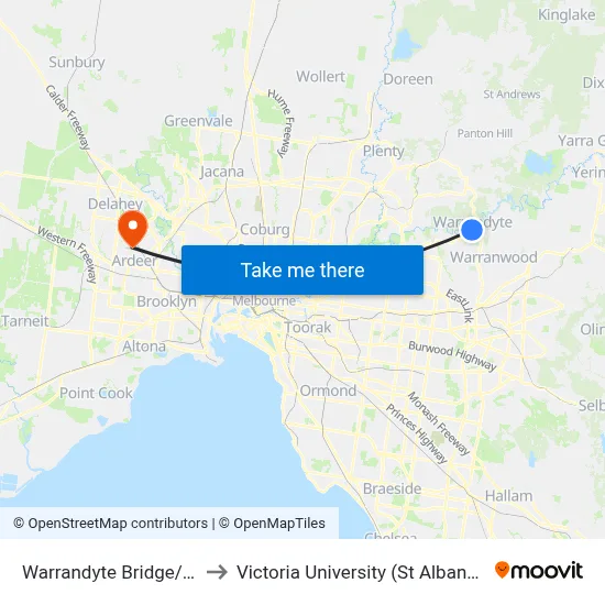 Warrandyte Bridge/Yarra St to Victoria University (St Albans Campus) map