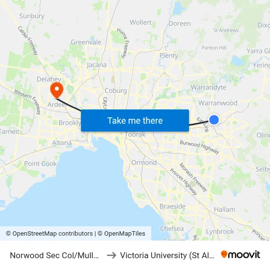 Norwood Sec Col/Mullum Mullum Rd to Victoria University (St Albans Campus) map