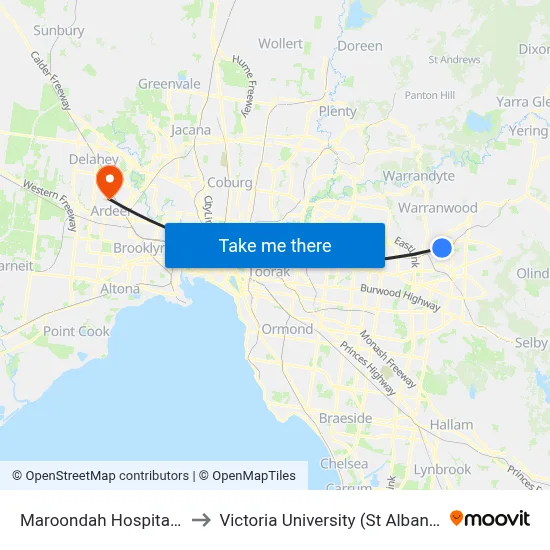 Maroondah Hospital/Grey St to Victoria University (St Albans Campus) map