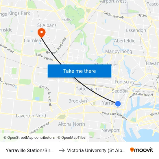 Yarraville Station/Birmingham St to Victoria University (St Albans Campus) map