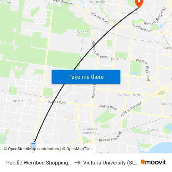 Pacific Werribee Shopping Centre/Derrimut Rd to Victoria University (St Albans Campus) map