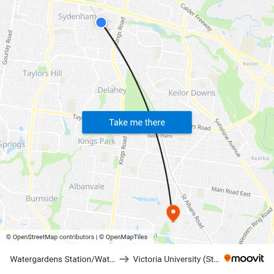 Watergardens Station/Watergardens Circuit Rd to Victoria University (St Albans Campus) map