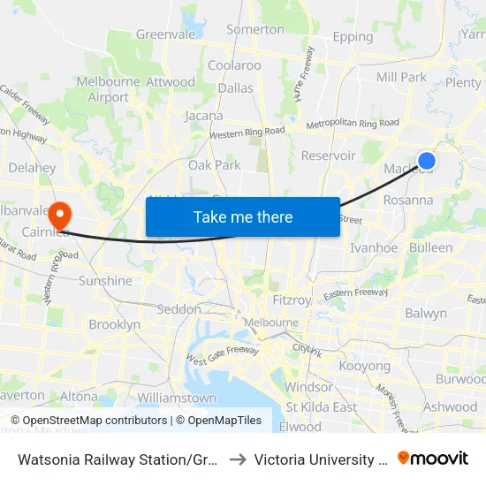 Watsonia Station/Greensborough Hwy to Victoria University (St Albans Campus) map