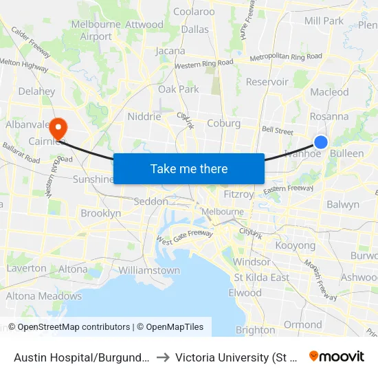 Austin Hospital/Burgundy St to Victoria University (St Albans Campus) map