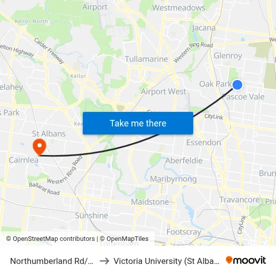 Northumberland Rd/Pascoe St to Victoria University (St Albans Campus) map