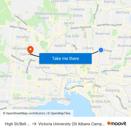 High St/Bell St to Victoria University (St Albans Campus) map