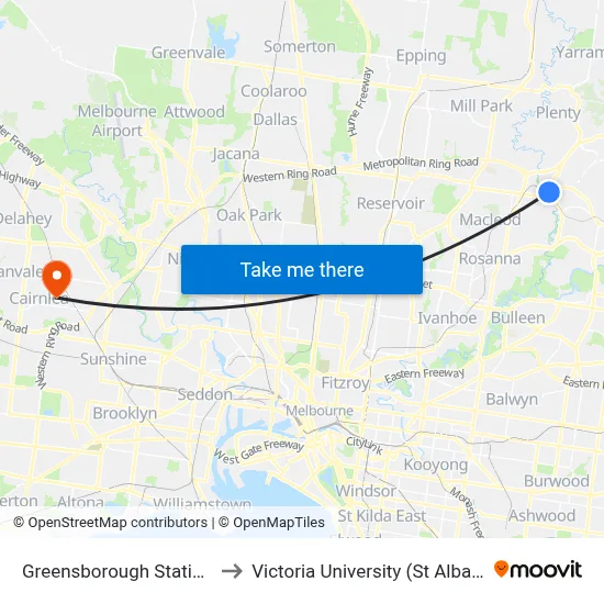 Greensborough Station/Main St to Victoria University (St Albans Campus) map