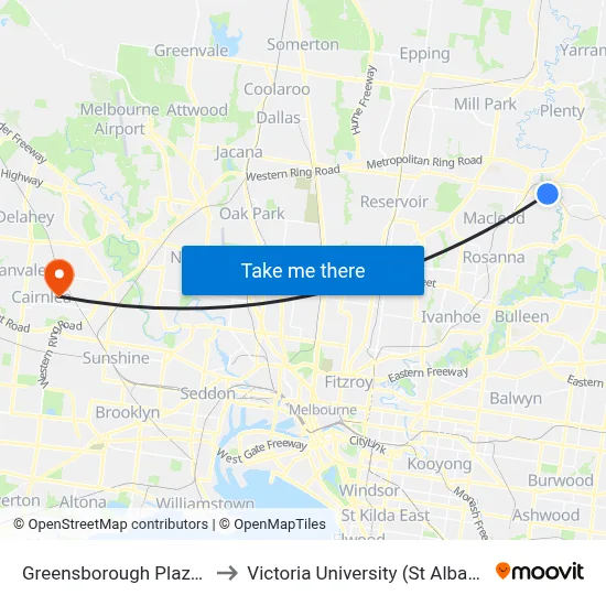 Greensborough Plaza/Main St to Victoria University (St Albans Campus) map