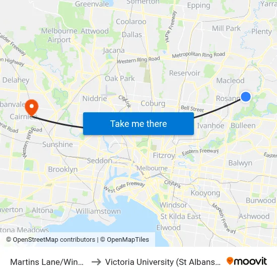 Martins Lane/Winston Rd to Victoria University (St Albans Campus) map