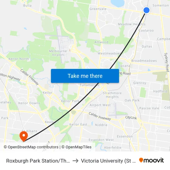 Roxburgh Park Station/Thomas Brunton Pde to Victoria University (St Albans Campus) map
