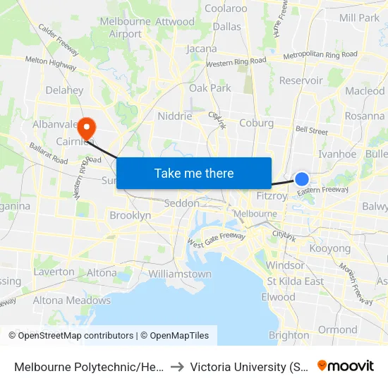 Melbourne Polytechnic/Heidelberg Rd to Victoria University (St Albans Campus) map