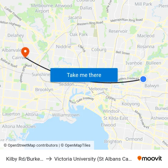 Kilby Rd/Burke Rd to Victoria University (St Albans Campus) map