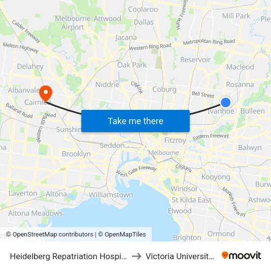 Heidelberg Repatriation Hospital/Edwin St to Victoria University (St Albans Campus) map