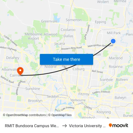 RMIT Bundoora Campus West/Mckimmies Rd to Victoria University (St Albans Campus) map