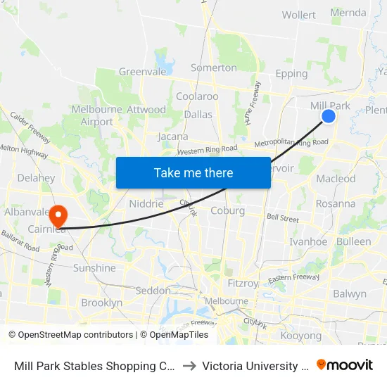 Mill Park Stables Shopping Centre/Redleap Ave to Victoria University (St Albans Campus) map