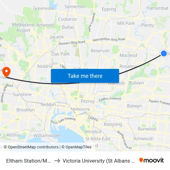Eltham Station/Main Rd to Victoria University (St Albans Campus) map