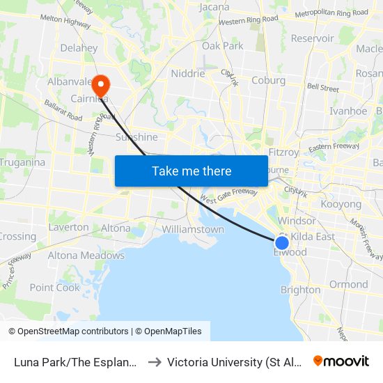 Luna Park/The Esplanade (St Kilda) to Victoria University (St Albans Campus) map
