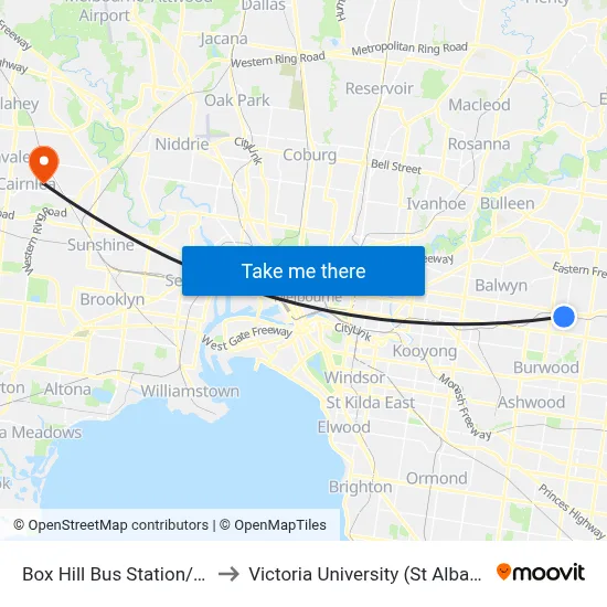 Box Hill Bus Station/Station St to Victoria University (St Albans Campus) map