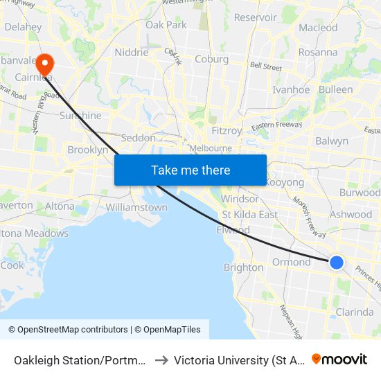 Oakleigh Station/Portman St (Oakleigh) to Victoria University (St Albans Campus) map