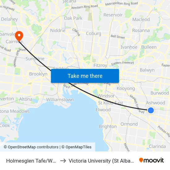 Holmesglen Tafe/Warrigal Rd to Victoria University (St Albans Campus) map