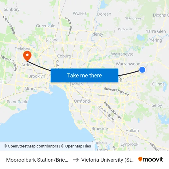 Mooroolbark Station/Brice Ave to Victoria University (St Albans Campus) map