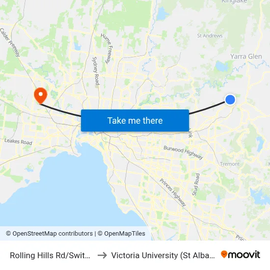 Rolling Hills Rd/Switchback Rd to Victoria University (St Albans Campus) map