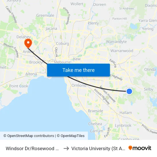 Windsor Dr/Rosewood Bvd to Victoria University (St Albans Campus) map