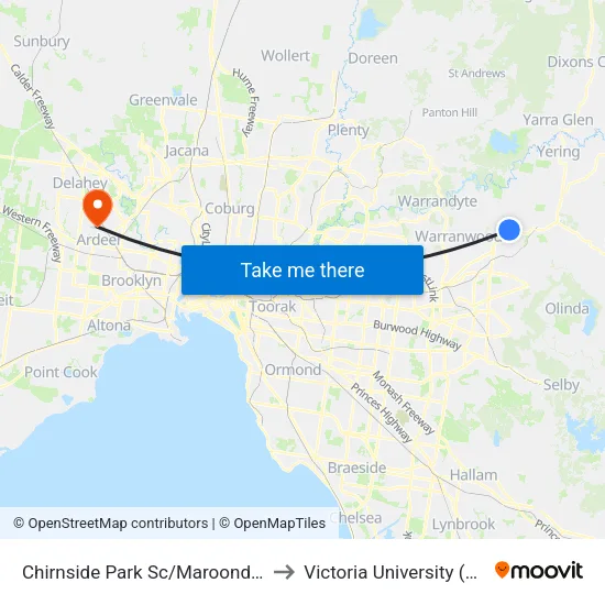 Chirnside Park Sc/Maroondah Hwy to Victoria University (St Albans Campus) map