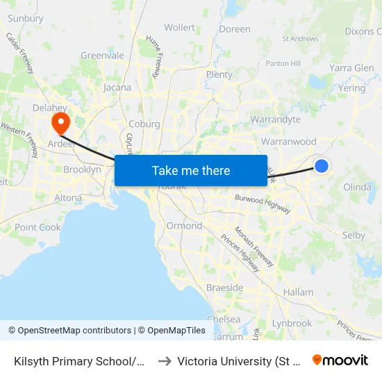 Kilsyth Primary School/Mt Dandenong Rd to Victoria University (St Albans Campus) map