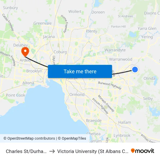 Charles St/Durham Rd to Victoria University (St Albans Campus) map