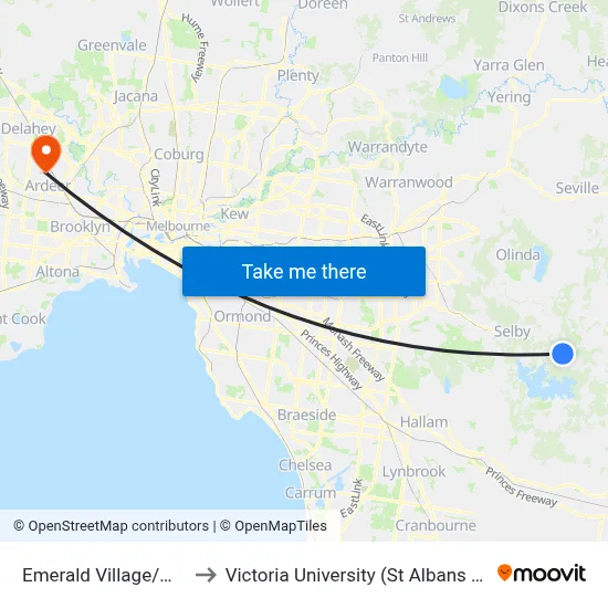 Emerald Village/Main St to Victoria University (St Albans Campus) map