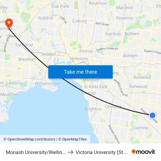 Monash University/Wellington Rd to Victoria University (St Albans Campus) map