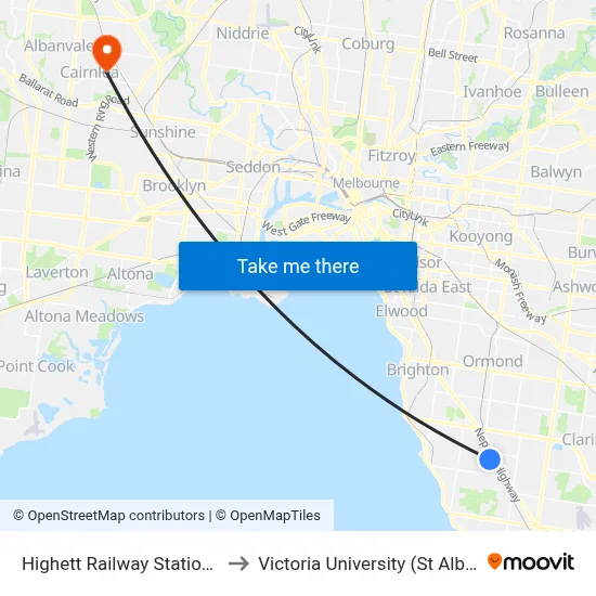 Highett Railway Station/Highett Rd to Victoria University (St Albans Campus) map