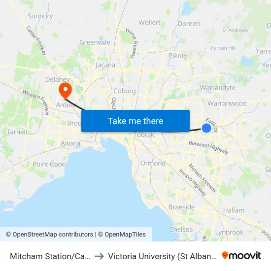 Mitcham Station/Calcutta St to Victoria University (St Albans Campus) map