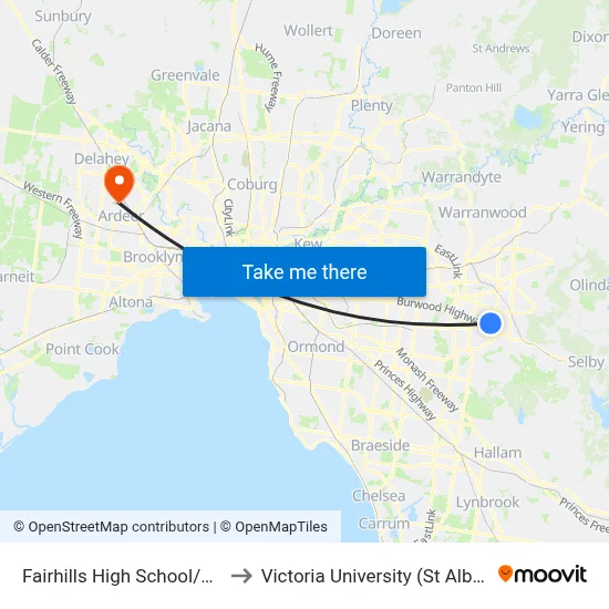 Fairhills High School/Scoresby Rd to Victoria University (St Albans Campus) map