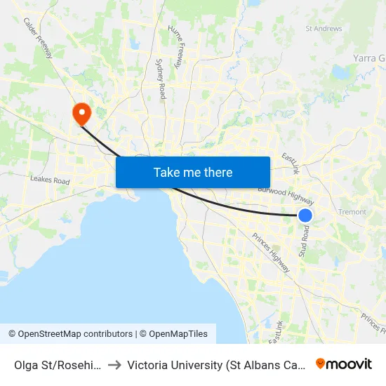 Olga St/Rosehill St to Victoria University (St Albans Campus) map