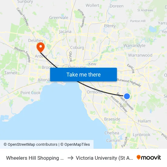 Wheelers Hill Shopping Centre/Jells Rd to Victoria University (St Albans Campus) map