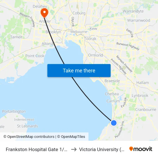 Frankston Hospital Gate 1/Hastings Rd to Victoria University (St Albans Campus) map
