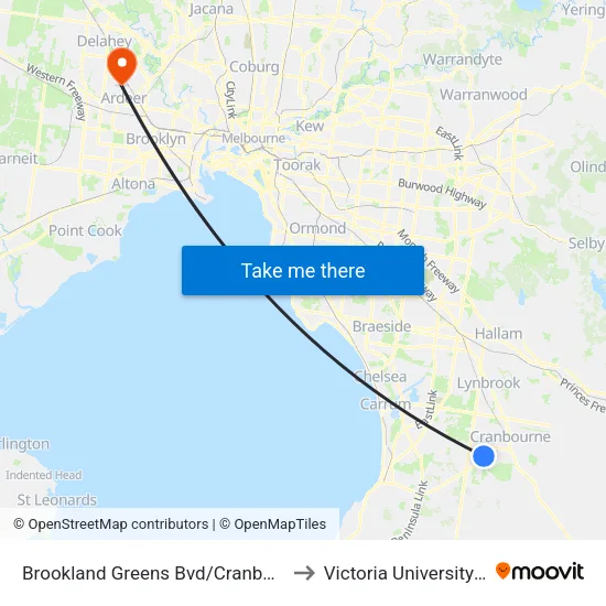 Brookland Greens Bvd/Cranbourne-Frankston Rd to Victoria University (St Albans Campus) map