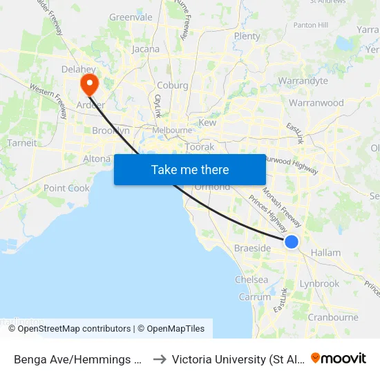 Benga Ave/Hemmings St to Victoria University (St Albans Campus) map