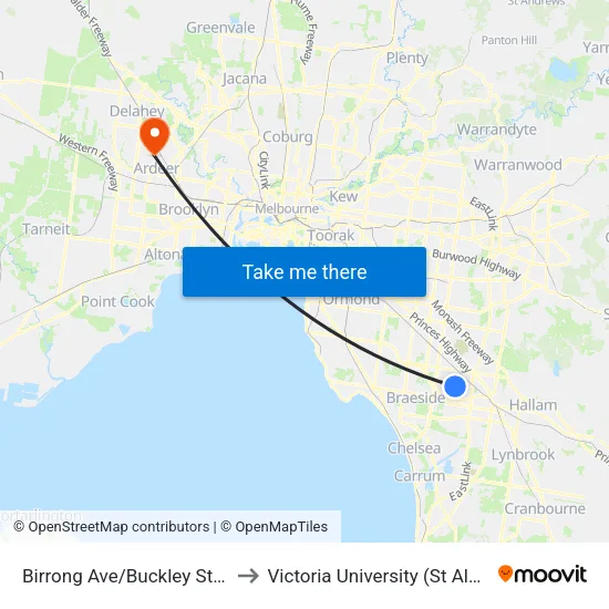 Birrong Ave/Buckley St to Victoria University (St Albans Campus) map