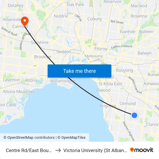 Centre Rd/East Boundary Rd to Victoria University (St Albans Campus) map