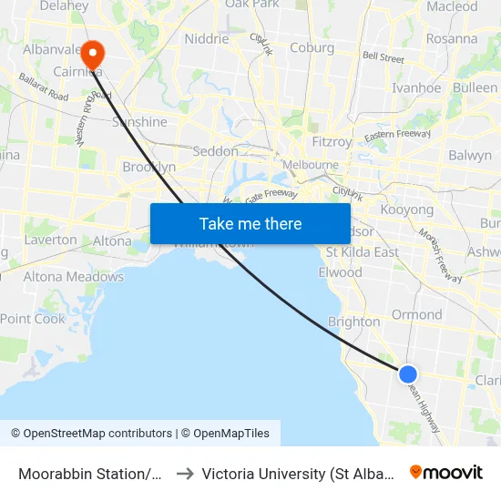 Moorabbin Station/Station St to Victoria University (St Albans Campus) map